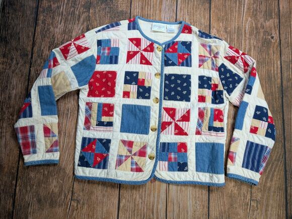 Susan Bristol Sweaters - Vintage Susan Bristol Casuals Patchwork Quilt Patriotic Pattern Jacket Size S